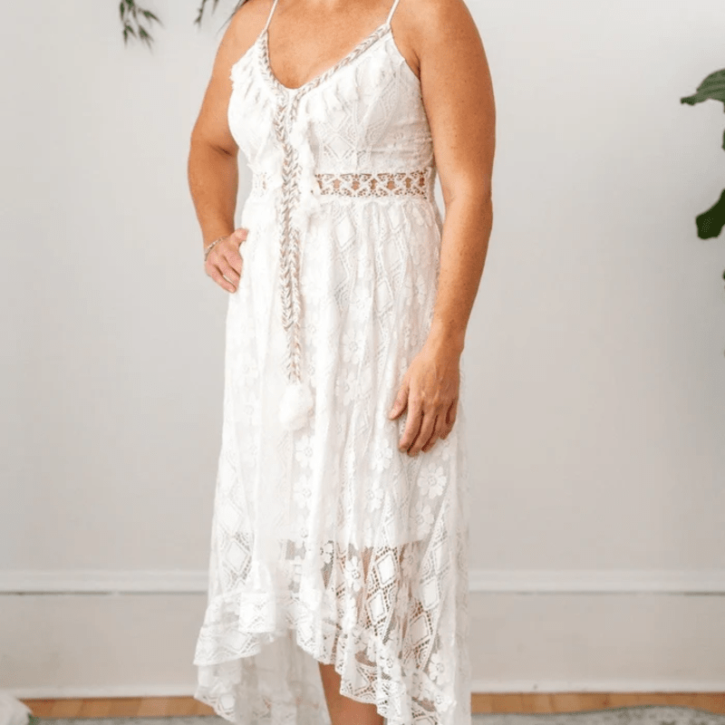 Vestido Midi Mullet Renda e Babados