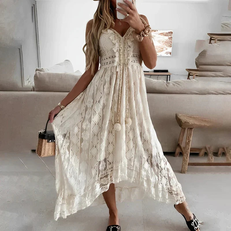 Vestido Midi Mullet Renda e Babados