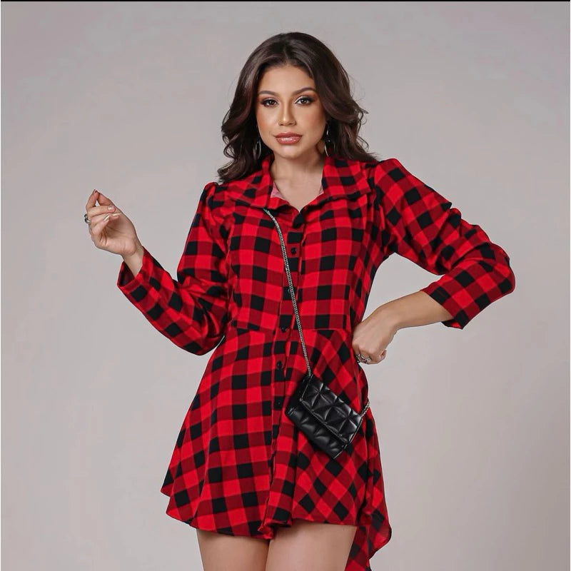 Chemise Xadrez e liso Feminino vestido Chamise longa. Manga comprida, tecido duna.