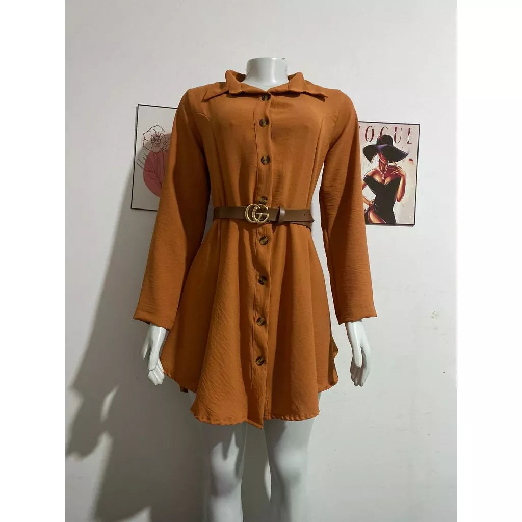 Chemise Xadrez e liso Feminino vestido Chamise longa. Manga comprida, tecido duna.