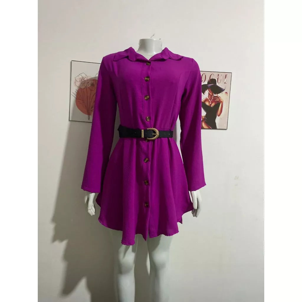 Chemise Xadrez e liso Feminino vestido Chamise longa. Manga comprida, tecido duna.