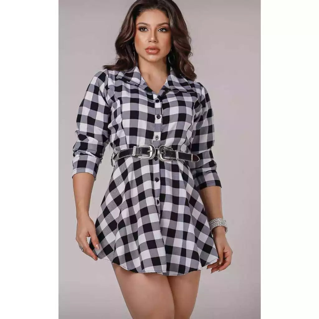 Chemise Xadrez e liso Feminino vestido Chamise longa. Manga comprida, tecido duna.